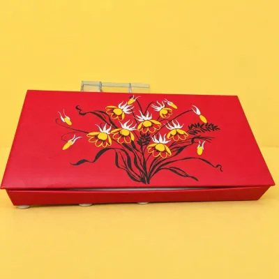 Vintage Mid-Century Red Floral Leatherette Brooch & Pin Storage Box Foam Lined - Potterville