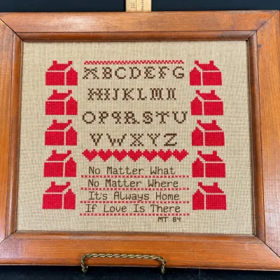 Hand-Stitched Alphabet Sampler with Folk Art Houses & Home Verse  Framed - Potterville
