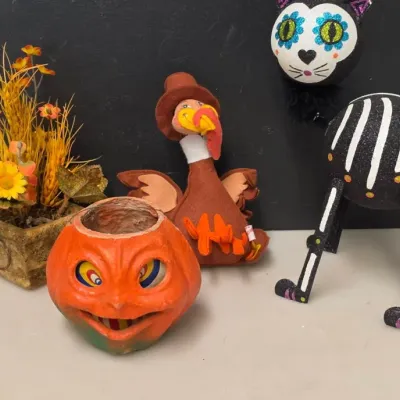 Vintage Paper Mache Jack-O-Lantern, Turkey Figure and Fall Decor