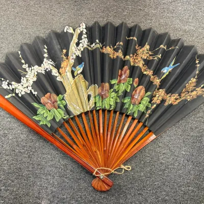 Vintage Hand-Painted Black Paper and Bamboo Folding Wall Fan