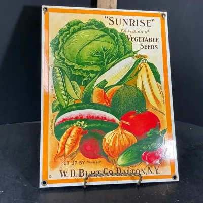 Ande Rooney Sunrise Vegetable Seeds Porcelain Enamel Advertising Sign W.D. Burt Co - Potterville