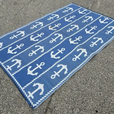 Blue and White Anchor-Patterned Reversible Outdoor Area Rug