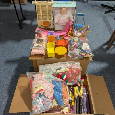 Large Dolls Lot: Vintage Barbie House Furniture, Dolls, & Clothing, Baby Doll, Exercise Toys (2 Box) - Estate Sales Warehouse (GR)