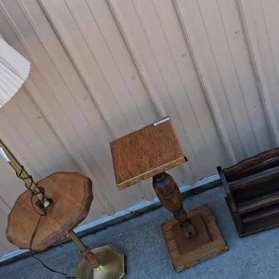 Turned Wood Plantstand/Wooden Magazine Rack and Vintage Brass and Wood Table Floor Lamp