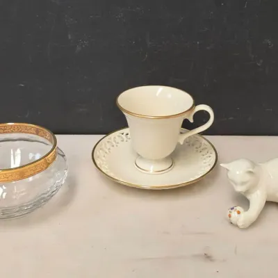 Lenox Kitten, Gold Band Crystal Bowl, and Bone China Lace Saucer and Cup