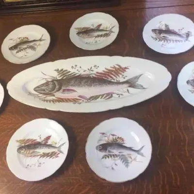 Antique Victoria Austria Bawo Dotter Karlsbad BBD Fish Platter 6 Plates Carlsbad