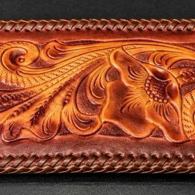 Vintage Jo-O-Kay Hand-Tooled Western Leather Wallet With Whipstitch Trim And Clear ID Slot - Potterville
