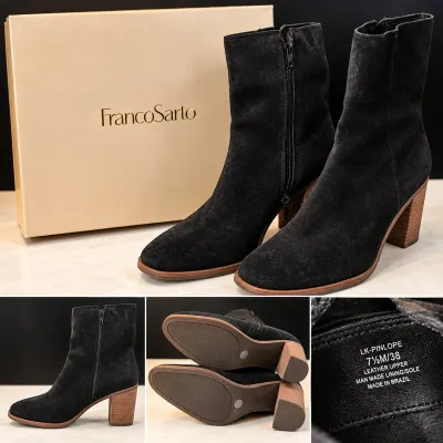 Franco Sarto Black Suede Leather Ankle Boots Block Heels Size 7.5M Like New With Box - Potterville