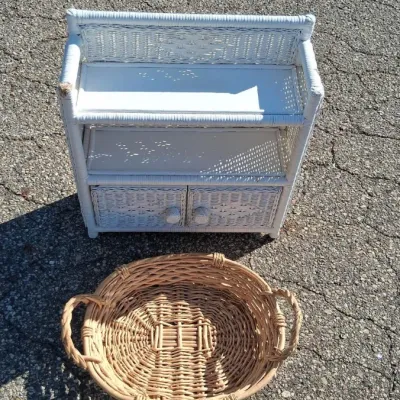 Sale Photo Thumbnail #75: White Wicker Shelving Unit w/ Wicker Baskets