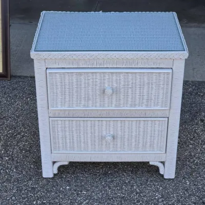 Lexington Henry Link Wicker Nightstand - White 2-Drawer Bedside Table with Glass Top