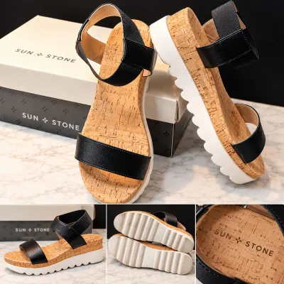 Sun + Stone Black Cork Footbed Platform Sandals White Lug Soles With Box - Potterville