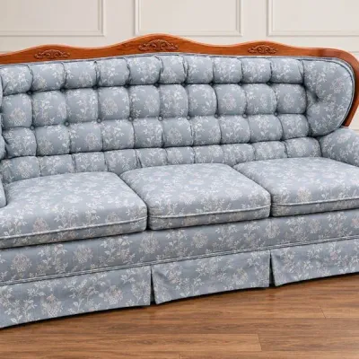 Vintage Kroehler 3-Cushion Sofa with Tufted Back, Blue Floral Upholstery & Carved Wood Trim - Potterville