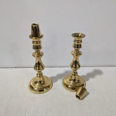 Premium Vintage Baldwin Brass Candle Sticks: Round Stepped Base, Baluster Stem, Tapered Toppers, 9" - Estate Sales Warehouse (GR)
