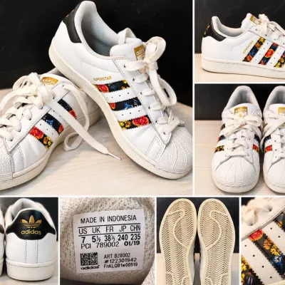 Adidas Superstar Floral Print 3 Stripe White Leather Sneakers Women's Size 7 - Potterville
