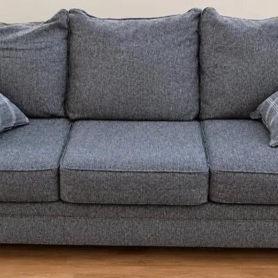 Charcoal Gray Upholstered Three-Cushion Sofa with Rolled Arms