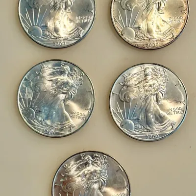 Lot of 5 - 2000 - American Silver Eagle Bullion Coins