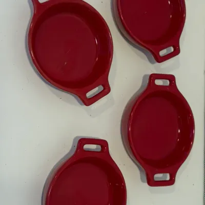 Sale Photo Thumbnail #63: Vintage Yellow Pitcher & 4 Red Mini Casserole/Tea Bag Set