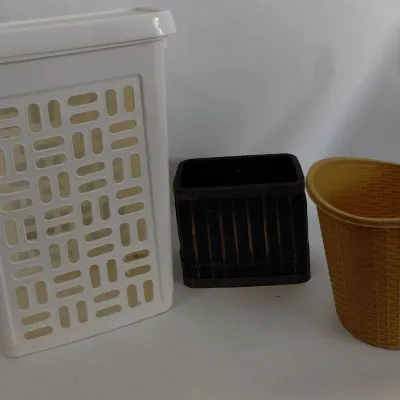 Laundry Basket and 2 Waste Baskets - 1 Wicker, 1 Vintage Plastic