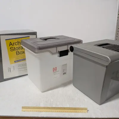 Set Of 3 File Bins/Archival Storage & Plastic Totes: Archival Box 13"x6"x13", Totes 11.6"x13.8"X10.1 -...