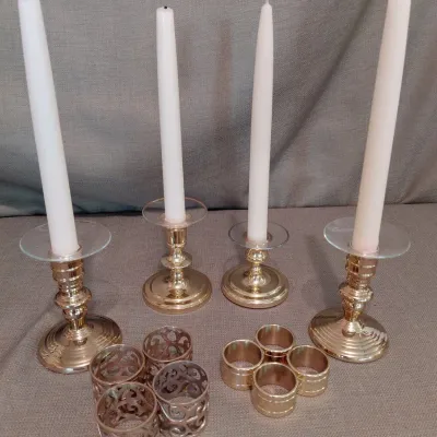 4 Brass Heavy Candle Holders, Glass Wax Catchers, 4 Baldwin Brass Napkin Rings, 4 Brass Napkin Rings