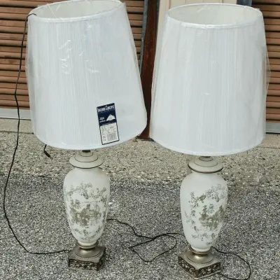 Pair of Chinoiserie-Style Table Lamps with Pagoda Designs, Ornate Metal Bases & White Shades