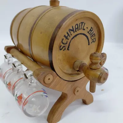 Vintage Wooden Tabletop Barrel Drink Dispenser - Schnaitl Bier, Austrian, 6 Miniature Mugs