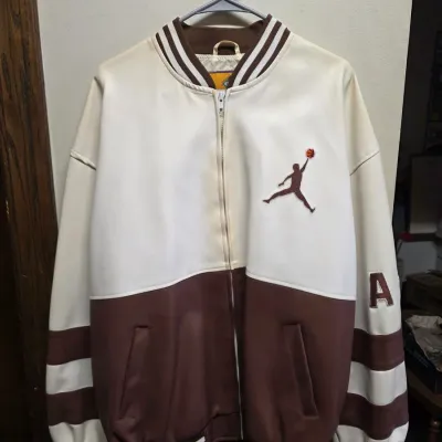 Vintage Two Tone Brown and Cream Jordan-Branded Bomber-Style Jacket