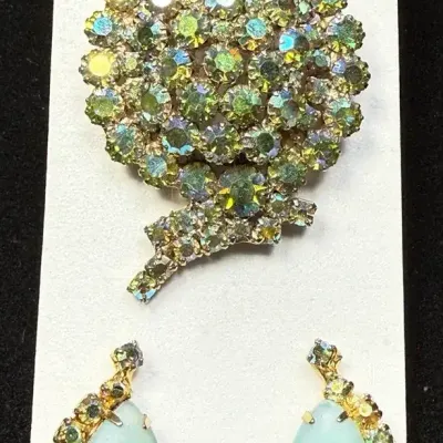 Sale Photo Thumbnail #61: Vintage Rhinestone Brooch & Opalescent Drop Earrings