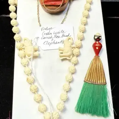 Sale Photo Thumbnail #72: Wood Brooch, Tiny Crumb Brush & Molded Resin Necklace