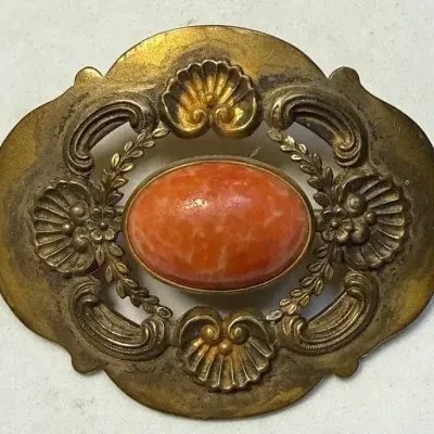 Sale Photo Thumbnail #74: Vintage Brass Brooch With Oval Central Cabochon 