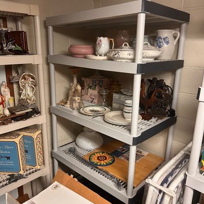 Sale Photo Thumbnail #47: Collection of various household goods, ceramics, glassware, decorative items, and shelving units.
