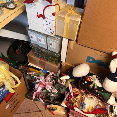 Sale Photo Thumbnail #30: Assorted holiday decor items, including a Villeroy & Boch Petite Fleur whistling tea kettle box, Christmas needlepoint pillows, artificial floral arrangements, and gift boxes.