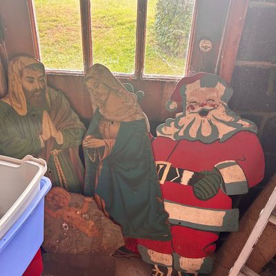 Sale Photo Thumbnail #21: Vintage painted wooden Christmas cutouts featuring Santa Claus and Nativity figures.