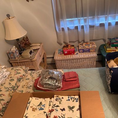 Sale Photo Thumbnail #108: Collection of bedroom furnishings, linens, children's toys, and wicker furniture.
