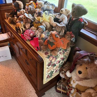 Sale Photo Thumbnail #8: Large collection of vintage Boyds Bears plush stuffed animals, including dressed bears and seasonal themed plush figures.