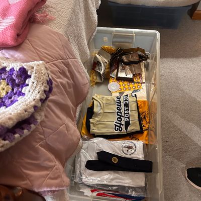 Sale Photo Thumbnail #88: Collection of military and American Legion memorabilia, including shirts, sashes, medals, and decorative banners.