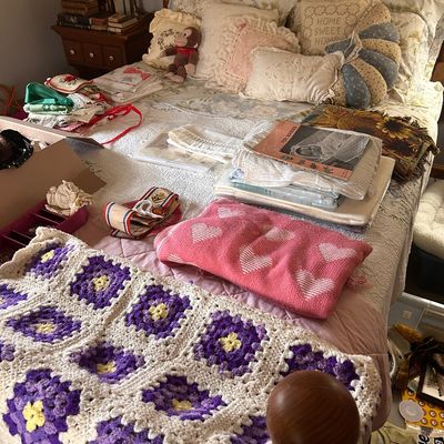 Sale Photo Thumbnail #75: Collection of vintage linens, handmade crochet afghans, throw pillows, and decorative textiles.