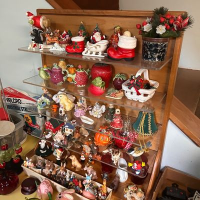 Sale Photo Thumbnail #6: Collection of assorted holiday decorations, ceramic figurines, novelty teapots, and knick-knacks.