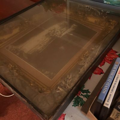 Sale Photo Thumbnail #63: Vintage framed shadowbox display featuring a wedding photograph and bridal veil.