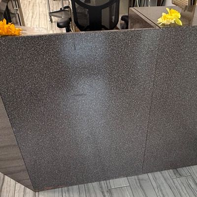 Sale Photo Thumbnail #429: This modular unit consists of a desk with a drawer and shelves, and a glass display counter with internal glass shelving and two drawers. It has a Formica style finish. There is age related wear. Contents are not included. Measurement: 73” x 84.5” (di