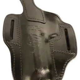 Black leather gun holster featuring a snap retention strap, belt slots, and stitched reinforcement.