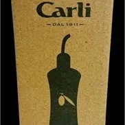 Fratelli Carli olive oil packaging box featuring printed branding and an olive oil bottle silhouette.
