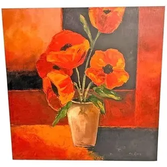 Framed mid-century still life oil painting depicting red poppies in a vase against a color-blocked background, signed in the lower right...
