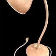 Vintage pink gooseneck desk lamp with a painted metal shade and flexible neck, showing minor wear and surface marks.