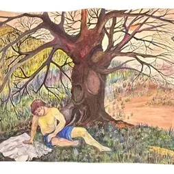 Original watercolor illustration depicting a figure resting beneath a large bare tree against a stylized landscape background, on...