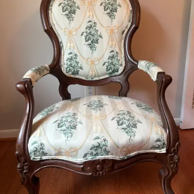 Antique Victorian-Style Carved Wood Upholstered Parlor Armchair With Casters