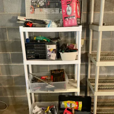 Garage Tools & Hardware with Pegboards, Garden Sprayer, Toolbox