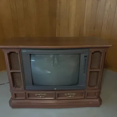 Vintage Zenith Console CRT Television with Wood Cabinet & Built-In Speakers
