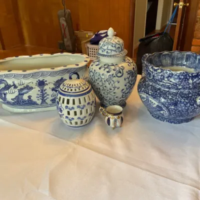 Blue & White Porcelain and Ceramic Decorative Collection – Ginger Jar, Planters & Lidded Jar 