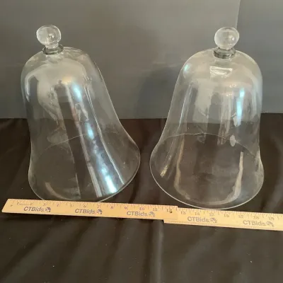 Pair of Large Clear Glass Bell Jar Cloches with Round Knob Handles – 10" Tall